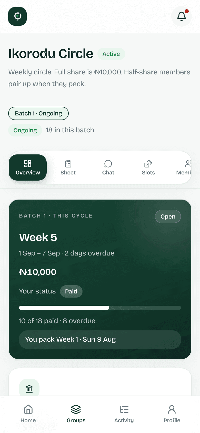 Ikorodu Circle overview for week 5, ₦10,000 due, batch 1 ongoing with 18 members.
