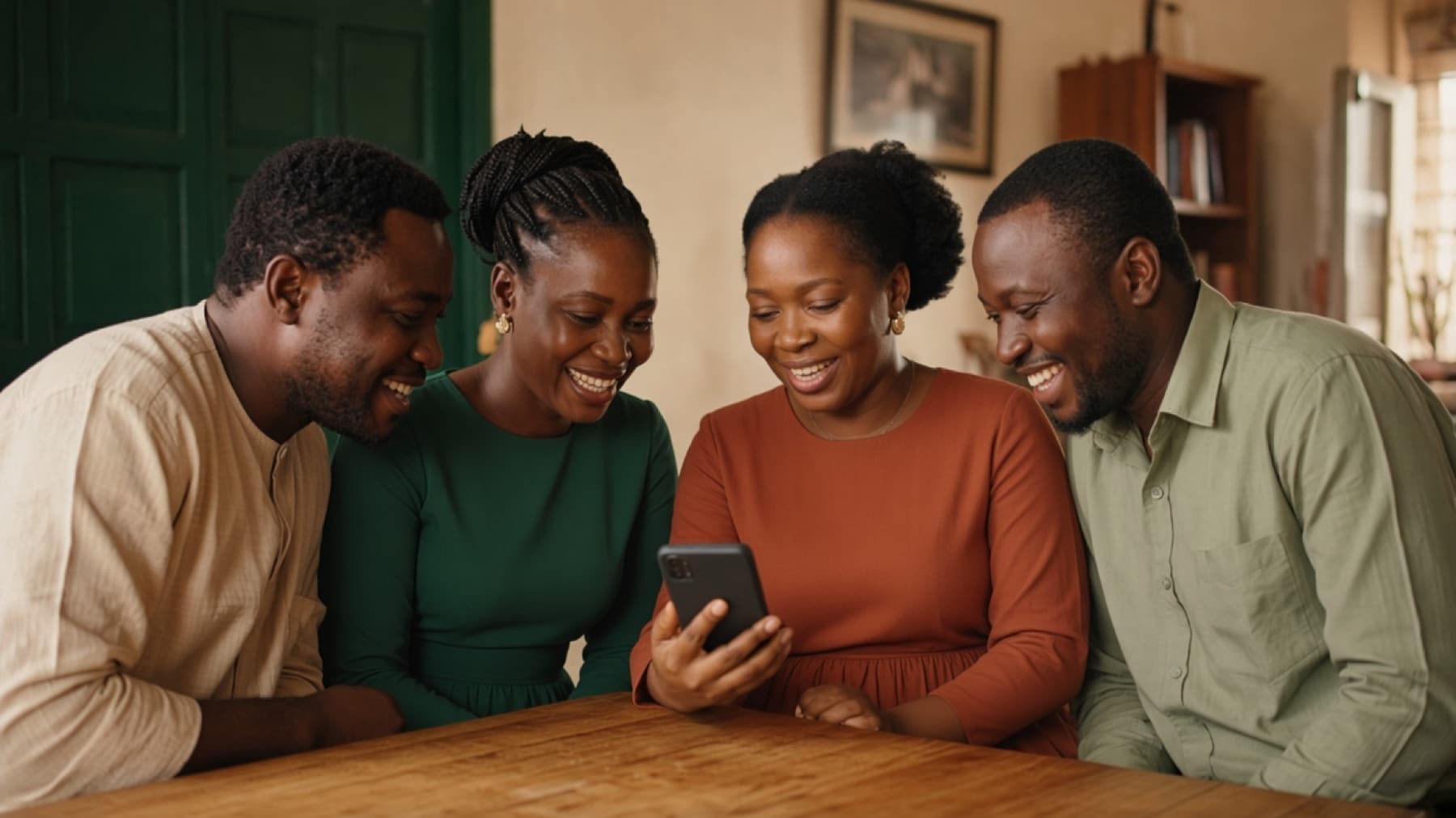 Four people around a table looking at one phone — the circle, not the spreadsheet.