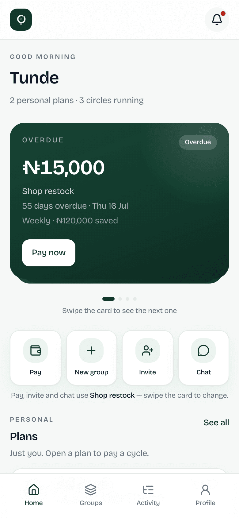 Jọdá home for Tunde, with an overdue ₦15,000 shop restock card and Pay now.