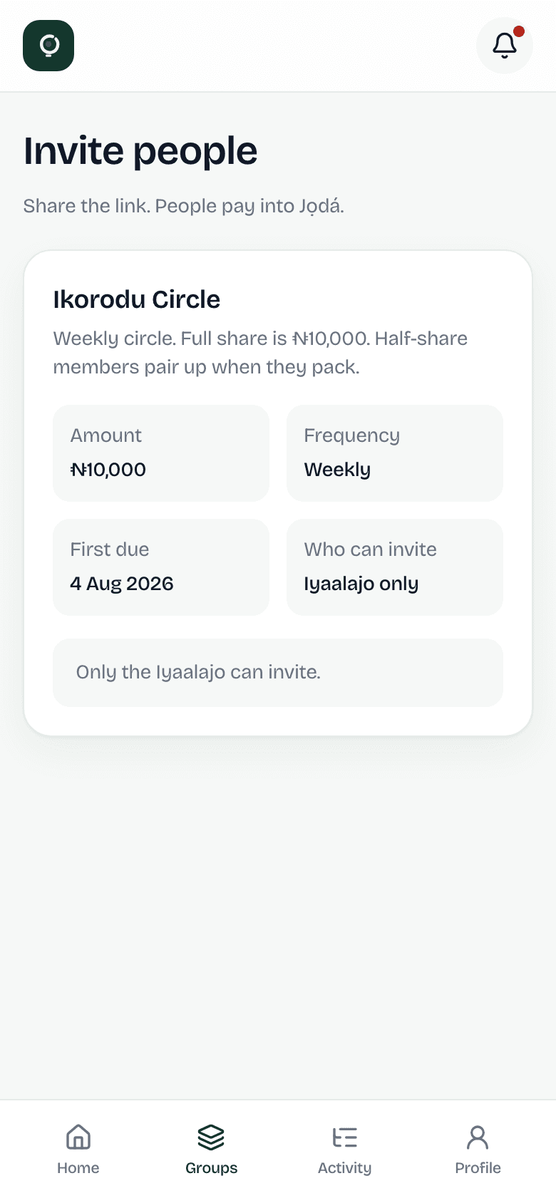 Invite screen for Ikorodu Circle, ₦10,000 weekly, Iyaalajo only can invite.