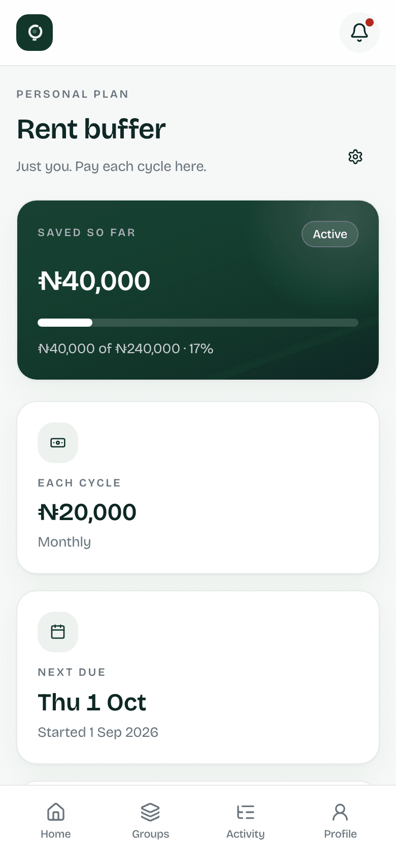 Personal rent buffer plan in Jọdá, showing ₦40,000 saved toward ₦240,000.